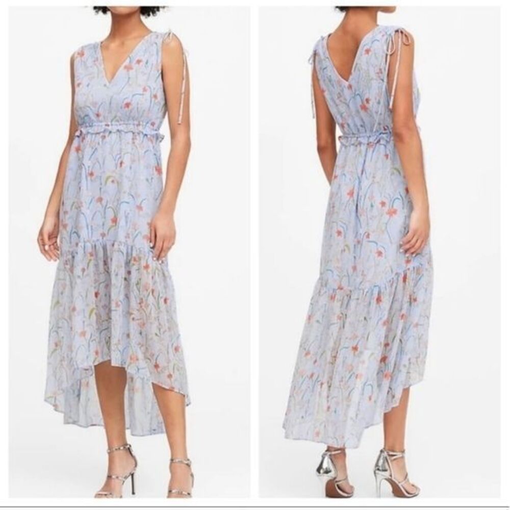 Banana Republic Womans Flowy Blue Striped Floral High Low Maxi Dress Size 6